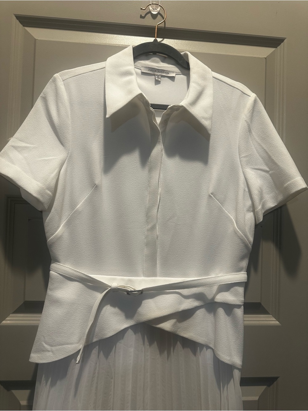 White Collared Pleated Midi Dress - Picture 2 of 9